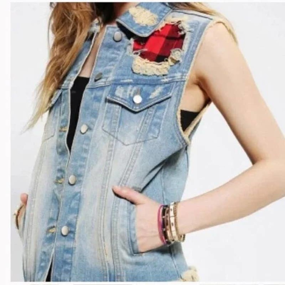 UNIF X URBAN OUTFITTERS Pieced Plaid Pure Cotton Denim Button Up Vest